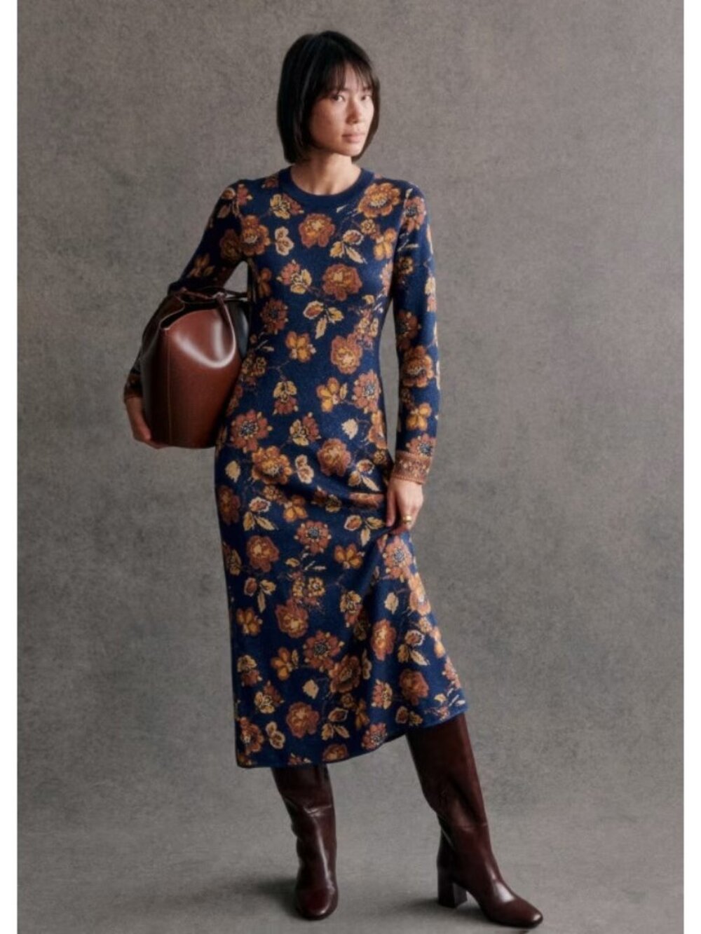 NWT La Maille Sezane Andreas Midi in Flowers Navy Background Sweater Dress M